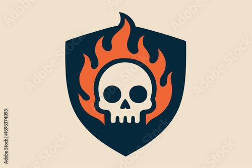 Fiery skull emblem on a shield representing danger and protection.