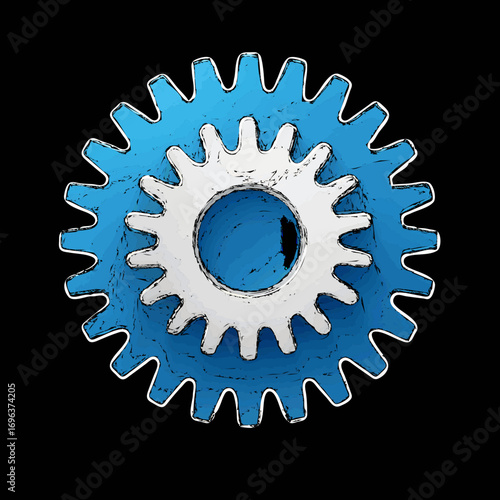 Unique blue and white gear with intricate details, showcasing mechanical design against a black background