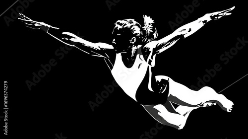 Female artistic gymnast jumping mid-air in dynamic silhouette with strong lines and high-contrast vector style, illustrating strength, grace, motion, athleticism, fitness, and Olympic sports concepts