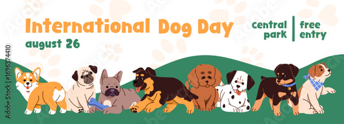 International Dog Day event banner design. Advertising template of doggy festival in park. Promotion layout with different cute puppies, funny little pups for pet holiday. Flat vector illustration