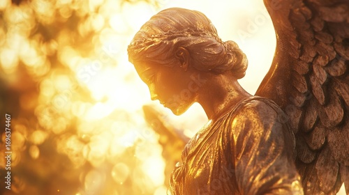 Golden Angel Sculpture Surrounded by Warm Glowing Light Creating a Serene Festive Christmas Atmosphere