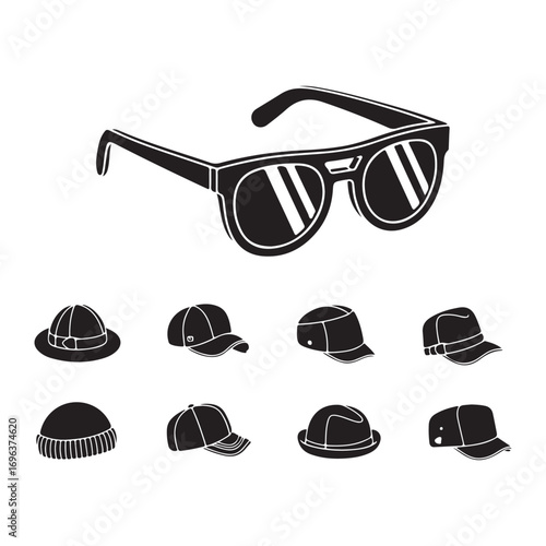 Minimal silhouette caps and sunglasses collection