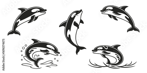 Set of Stylized Dolphin Illustrations in Black and White