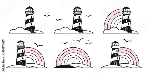 Set of Stylized Lighthouses with Clouds and Rainbows