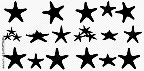 Collection of black starfish silhouettes in varying sizes and arrangements on a transparent background.
