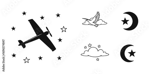 Silhouette Airplane, Bird, Moon, and Stars Icons