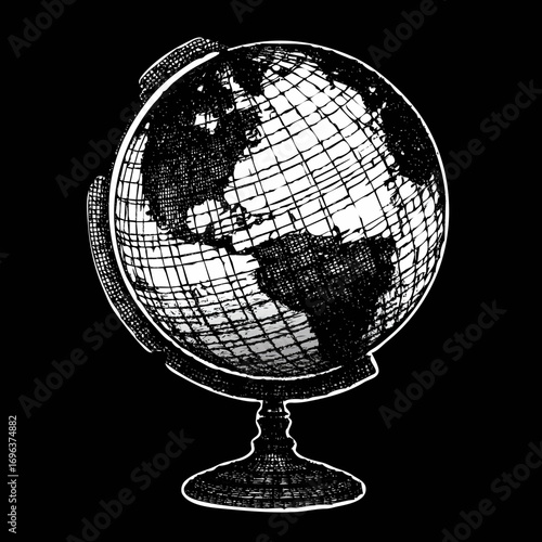 Detailed illustration of a vintage globe highlighting continents and oceans in a monochrome design