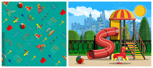 Colorful playground in urban park with spiral slide and city skyline background. Fun, outdoor recreation for kid.
