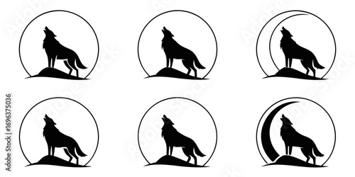 Silhouette wolf howling at moon logo collection