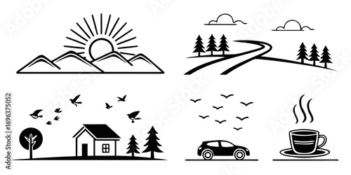 Simple Icons Representing Nature, Travel, Home, and Refreshment