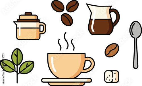 Steaming cup of coffee with beans, milk, sugar, and spoon, ready to enjoy.