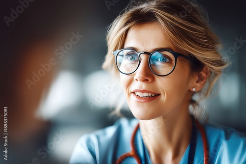 Healthcare professional discussing patient care in a well-lit clinic setting during daytime