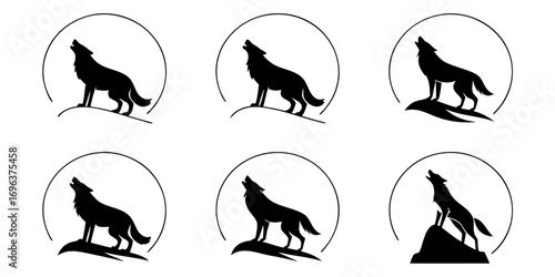 Six Silhouette Wolf Howling Moon Icons