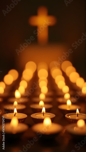 Tea light candles cast warm a glow in front of dark golden background