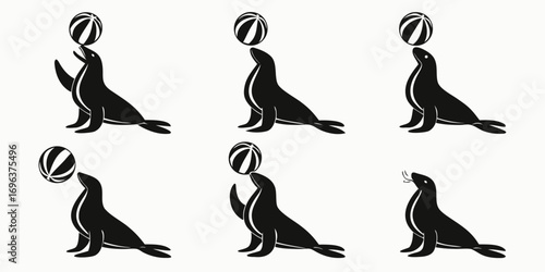 Six Silhouettes of Seals Balancing Balls