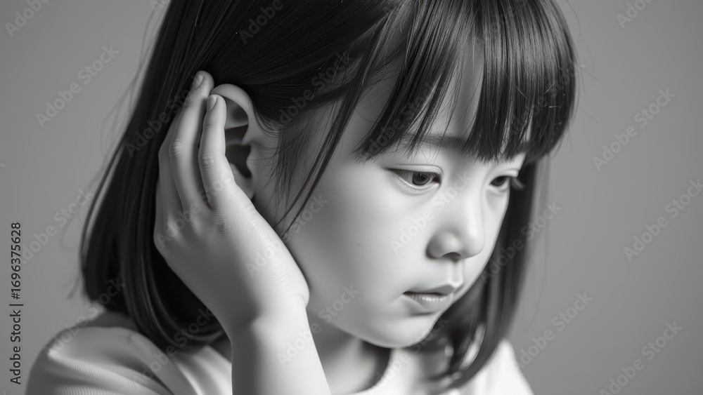 Obraz premium Thoughtful child with short hair, gently touching her ear, appears lost in contemplation. monochrome tones enhance emotional depth of moment