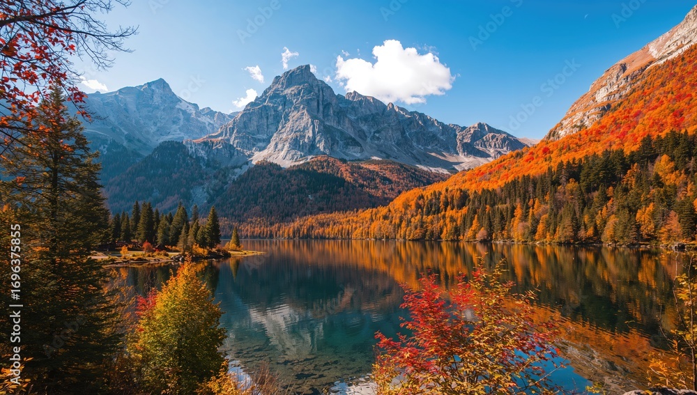 Fototapeta premium A serene alpine lake mirrors colorful fall leaves and rugged peaks in a peaceful mountain setting