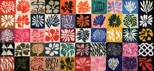 Abstract botanical patterns in colorful painted squares seamless background with organic shapes and vibrant colors