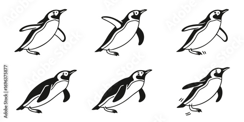 Six Stylized Penguins in Black and White