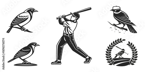 Stylized Birds and Baseball Player Vector Graphics