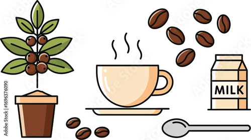 Fresh coffee beans, hot steaming cup and milk carton symbolizing a morning beverage.