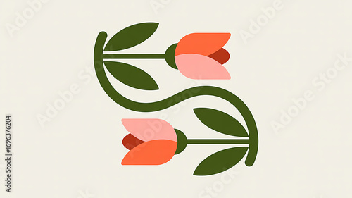 Stylized floral motif with two opposing tulips, representing symmetry and nature's beauty in a minimalist design
