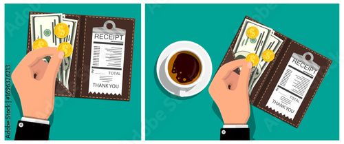 Man holds wallet with dollar banknote, golden coin, paper receipt. Top view, coffee cup. Payment concept, personal finance.
