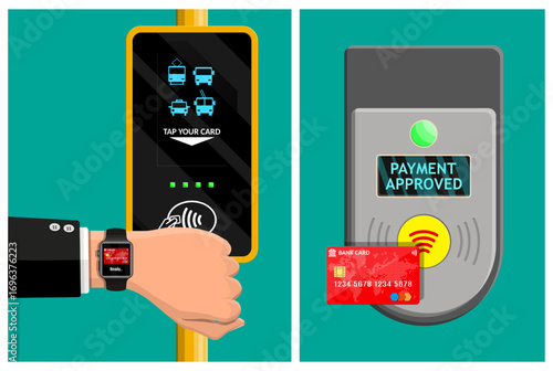 Man paying for public transport with smartwatch and credit card. Contactless payment concept for modern lifestyle.