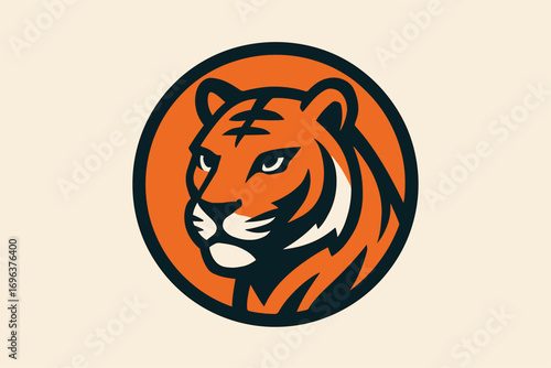 Tiger head portrait inside a circle with orange and black colors.