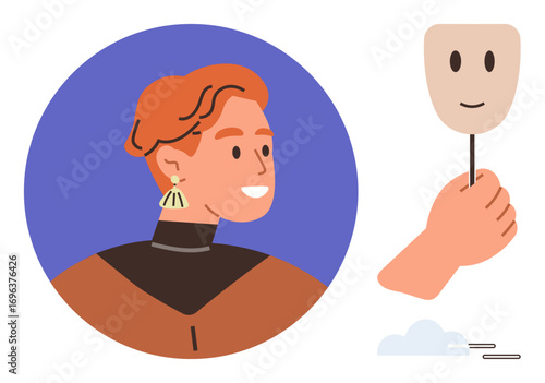 Woman with red hair and earrings smiling, next to a hand holding a mask. Ideal for identity, emotions, self-expression, duality, mental health, authenticity self-discovery. Simple flat metaphor