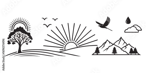 Stylized Nature Scene with Sun, Tree, Mountains, and Birds