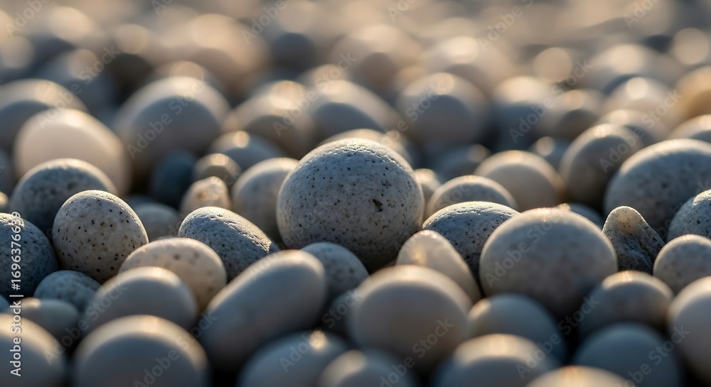 Obraz premium Smooth Round Pebbles on Beach with Soft Sunlight