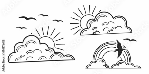 Stylized Sun, Clouds, Rainbow, and Birds Illustration