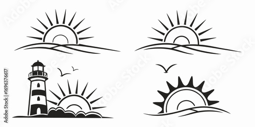 Stylized Sun and Lighthouse Icons for Coastal Themes
