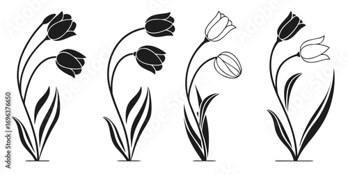 Stylized Tulip Flower Silhouettes and Line Art