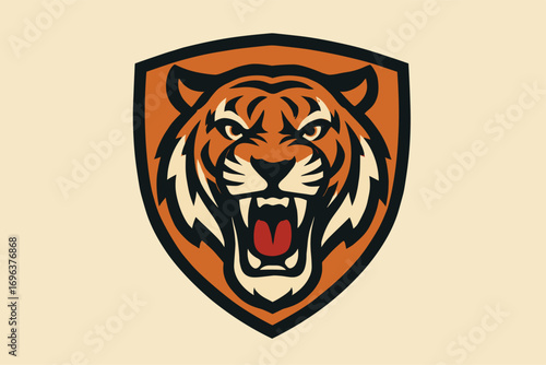 Tiger head logo design with fierce expression and shield shape.