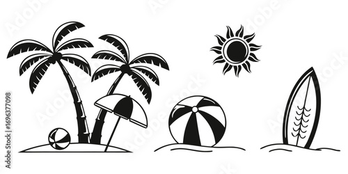 Tropical Beach Scene Icons with Palm Trees and Surfboard