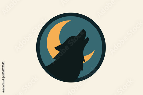 Silhouette of a Howling Wolf Against a Crescent Moon in a Circle.