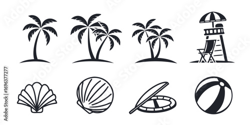Tropical Beach Summer Vacation Icons Set
