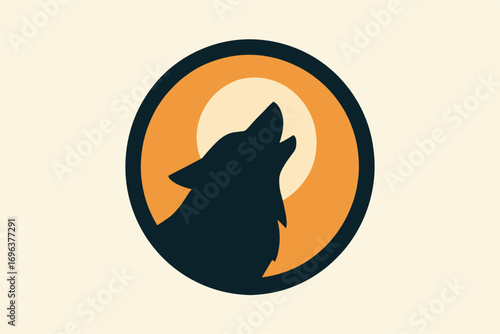 Silhouette of a howling wolf against a full moon in a circular design.