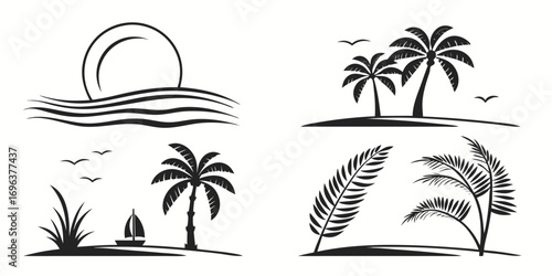 Tropical Island Beach Scene Silhouettes