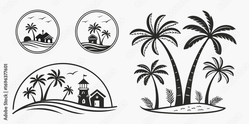 Obraz premium Tropical Island Scene Silhouettes with Palm Trees and Buildings