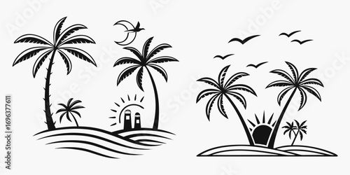 Tropical Island Palm Trees Sunset Silhouette