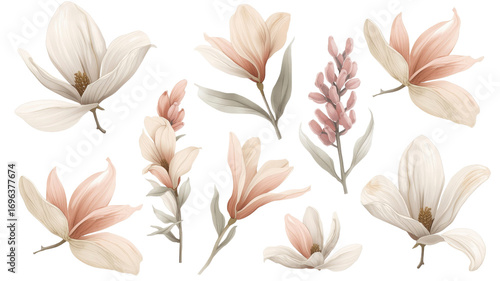 Elegant Collection of Magnolia and Spring Flowers Botanical Illustrations in Soft Pastel Hues