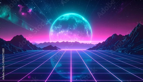 Retro Futuristic Landscape with Neon Grid and Planet