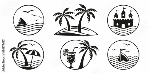 Tropical Island Vacation Beach Icons Collection