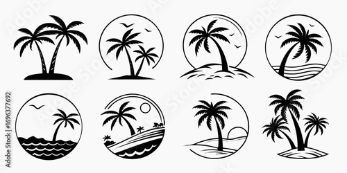 Tropical Palm Tree Beach Scene Icons Collection