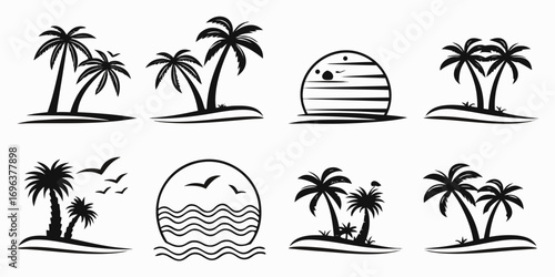 Tropical Palm Tree Island Sunset and Ocean Icons