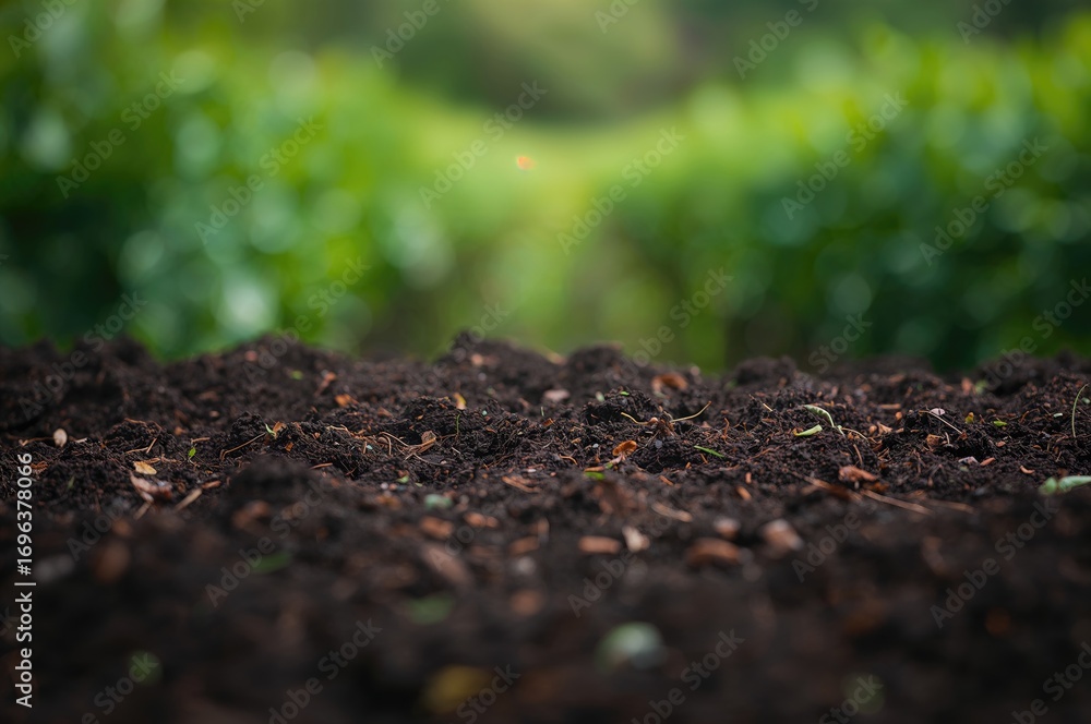 Fototapeta premium Rich soil with a soft-focused green landscape backdrop Representing environmental care and preservation of natural habitats