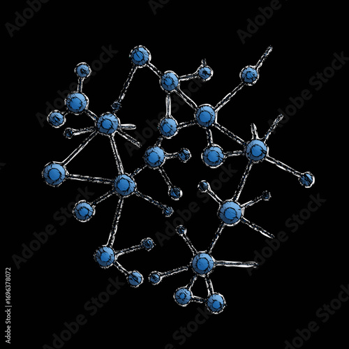 Molecular structure composed of blue spheres and connecting lines representing chemical bonds